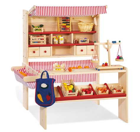 Lucy Wooden Play Shop Market Stall Supermarket With Awning Red