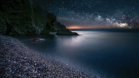 Beautiful Milkyway Starry Sky Sea Coast Ocean During Nighttime Hd