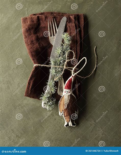 Napkin Fork And Knife With Christmas Decoration Stock Photo Image