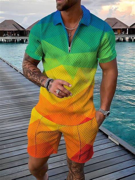 casual rainbow print men s polo shirt set molilulu