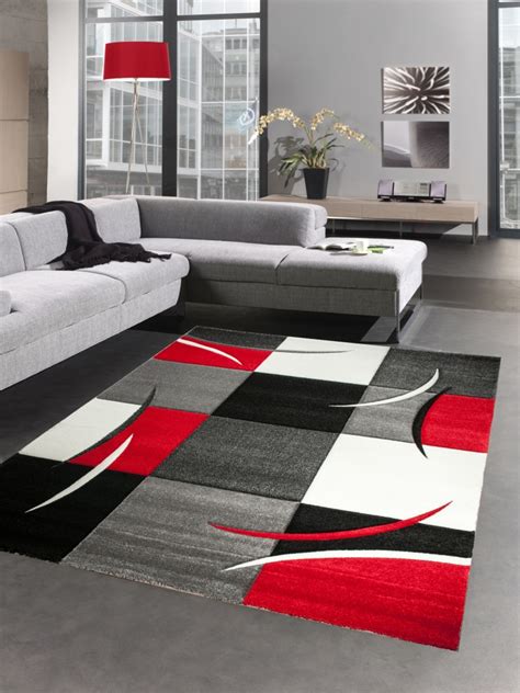 Graue teppiche in großer vielfalt! Designer Teppich Wohnzimmerteppich karo rot grau creme ...