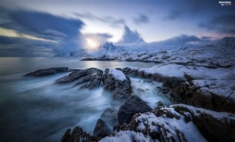Norwegian Sea Norway Rocks Snow Flakstadøya Island Lofoten