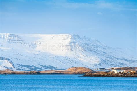 Snowy Mountains Under Blue Sky Reykjavik Stock Image Image Of