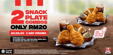 Your kfc favourites are just a click away. One Day Only! Get 2 Snack Plate Combos at KFC For Only RM20!