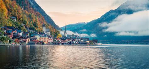 Misty Autumn Sunrise On Hallstatt Lake Incredible Morning Panorama Of