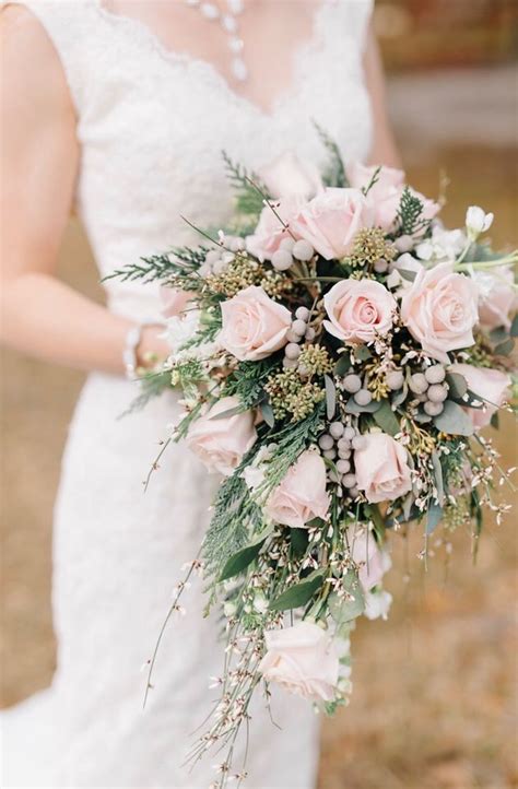 This Blush Pink Rose Cascading Bridal Bouquet With Evergreens Genestra Stock And Silver Bru