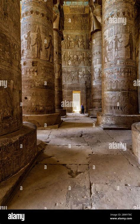 Hieroglyphics On The Walls And Large Hathor Head Capitals Of The