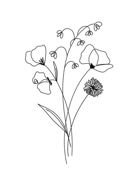 Minimalistic dainty line drawing birth month floral tattoo design in