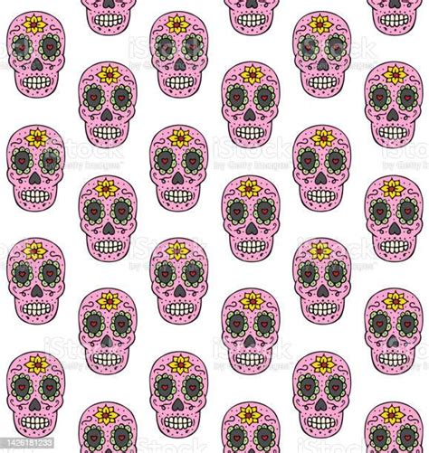 Vector Seamless Pattern Of Hand Drawn Doodle Sketch Mexican Sugar Skull