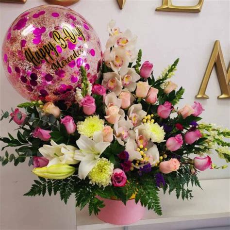 052 Happy Birthday Flower Arrangement With Orchids Roses Lilies And A