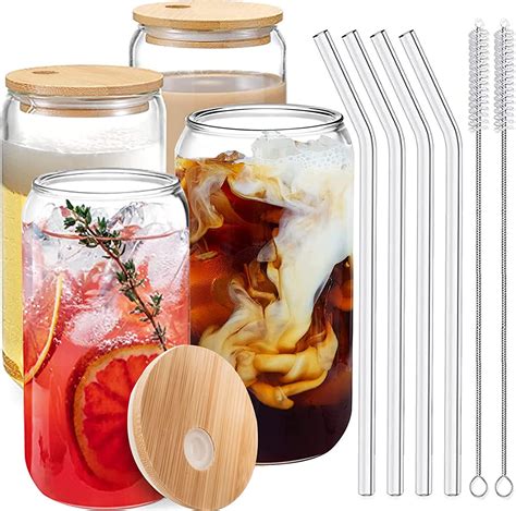 Drinking Glasses With Bamboo Lids And Glass Straw 4pcs Set 16oz Can Shaped Glass Cups Beer
