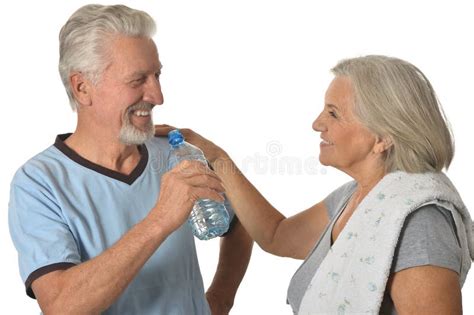 Senior Couple With Water After Exercising Stock Photo Image Of Shape
