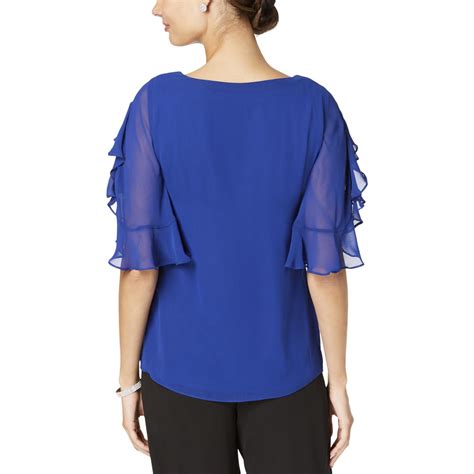 Msk Womens Blue Chiffon Flutter Sleeves Pullover Top Blouse Petites Pl