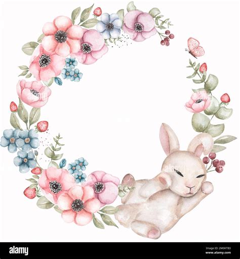 Cute Sleeping Rabbit Easter White Bunny In Anemone Flowers And Wild