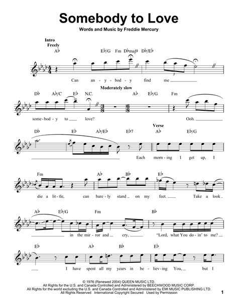 Somebody To Love Sheet Music Queen Pro Vocal