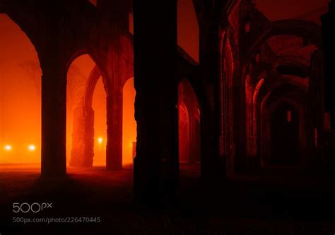 Ruins Of An Medieval Cathedral On A Foggy Night By Efemeerne