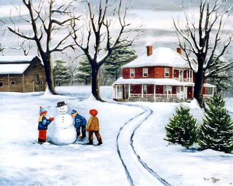American Primitive Folk Art Prints Children Making Snowman Snow And
