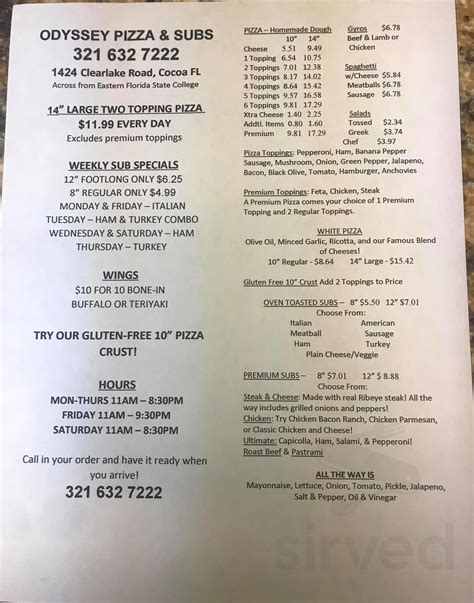 Menu for Odyssey Pizza & Subs in Cocoa, FL | Sirved