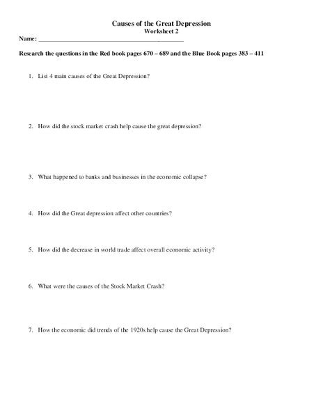 —— social effects of the depression. Causes of the Great Depression Worksheet for 7th - 12th ...