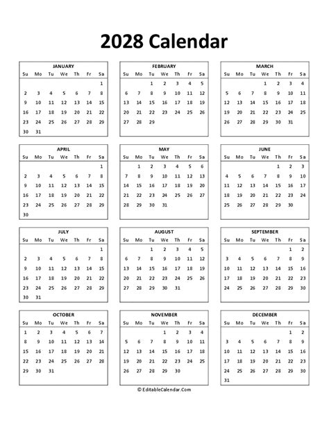 Free Printable Calendar 2028 Word Pdf Excel