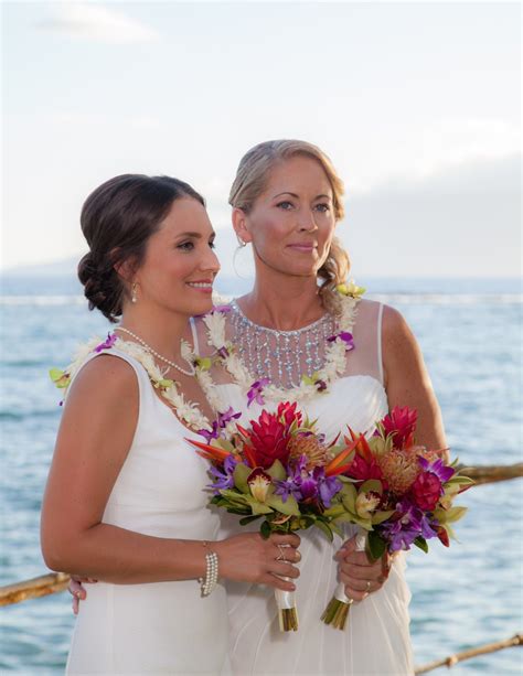 Outside Lesbian Beach Wedding Flowers Tropical Ocean Hawaii Lesbian Beach Wedding