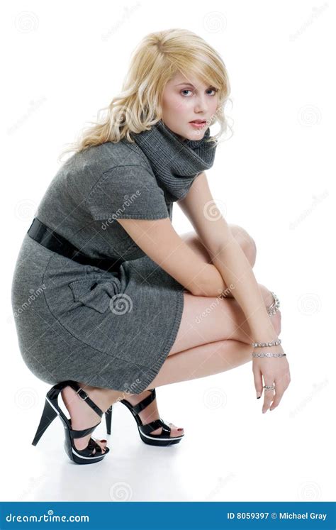 Blond Woman With Grey Dress Squatting Stock Image Image Of Beauty Female 8059397