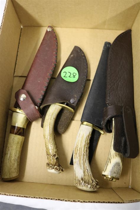 Sold Price Lot Of 4 Deer Stag Handle Custom Made Sheath Knives