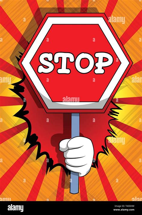 Vector Cartoon Hand Holding A Stop Sign Illustrated Hand On Comic Book