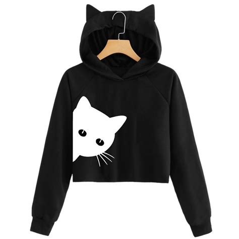 Hoodies Sweatshirt Women Harajuku Streetwear Cat Print Cropped Hoodie