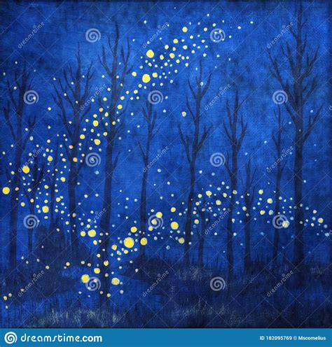 Painting Of A Forest With Fireflies At Night Stock Illustration