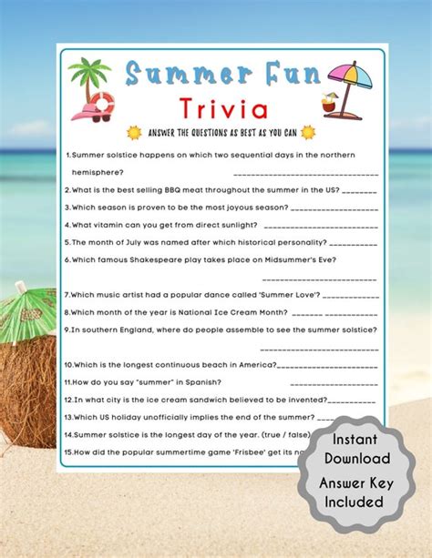 Summer Fun Trivia Game Summertime Game Summer Party Game Etsy