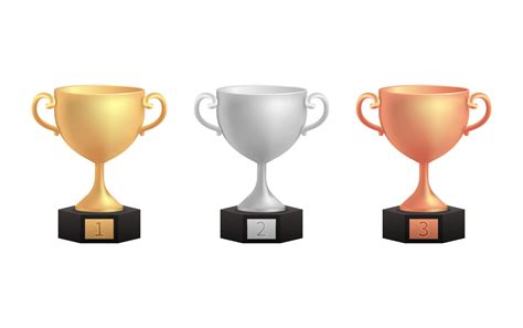 Champion Award Ceremony Concept In Cartoon Style Gold Silver Bronze Trophy Cups Game Winner