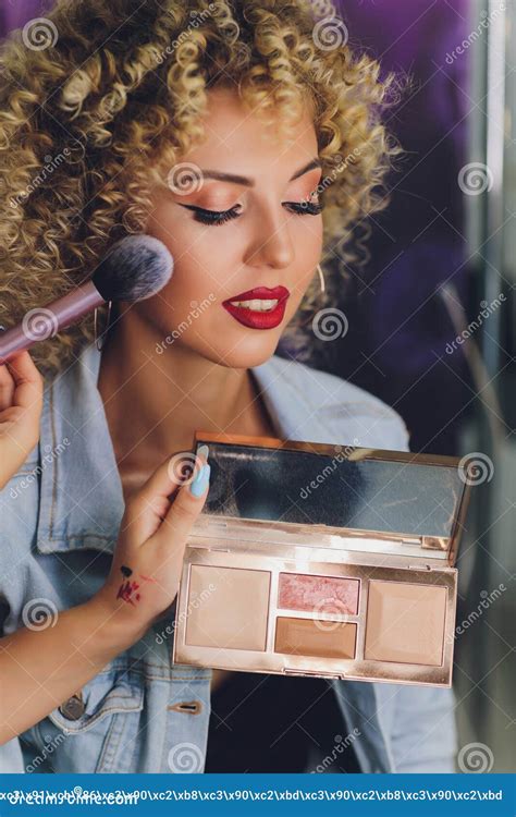 Backstage Scene Professional Make Up Artist Doing Glamour Model Makeup At Work Stock Image