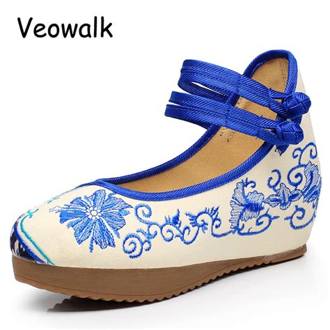 Blue White Flower Embroidered Womens Casual Canvas Flat Platforms Ankle Strap Cotton Old