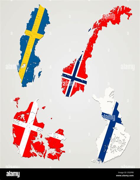 Karte Und Die Flaggen Der Vier Großen Nordischen Ländern Norwegen