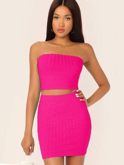 Neon Pink Rib Knit Tube Crop Top And Skirt Set Crop Top Skirt Set Floral Dress Set Crop Top Skirt