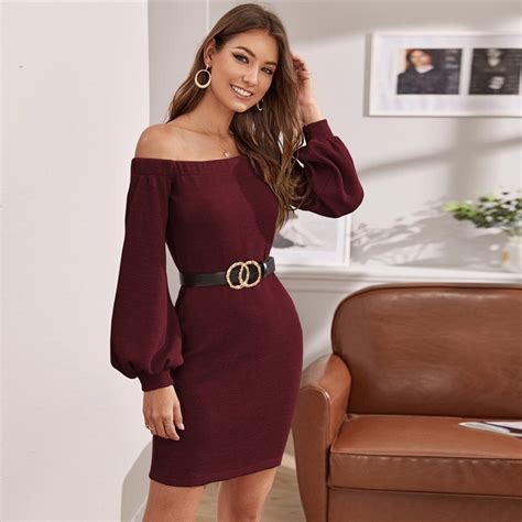 off shoulder lantern sleeve solid knitted sweater dress power day sale