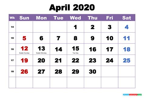 April 2020 Printable Calendar With Holidays Word Pdf