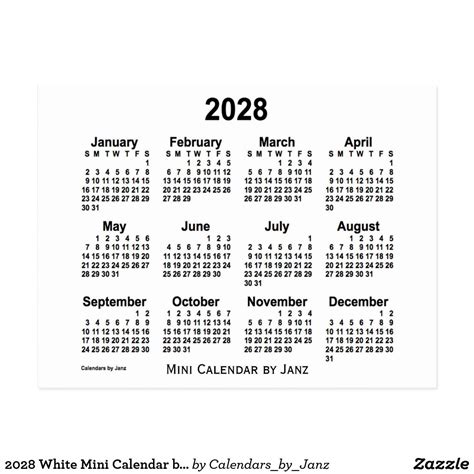 2028 White Mini Calendar By Janz Postcard Zazzle Mini Calendars