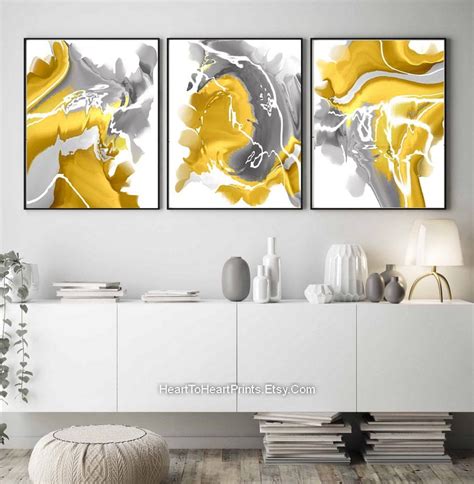 Mustard Yellow Gray Wall Art Abstract Painting Set Of 3 Prints Etsy
