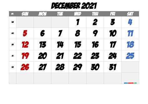 2021 Calendar Printable With Week Numbers