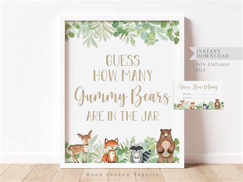 Guess How Many Gummy Bears Are In The Jar Sign And Card Woodland