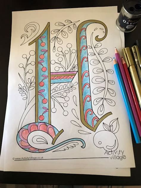 Illuminated Letter H Colouring Page In Progress Activity Village