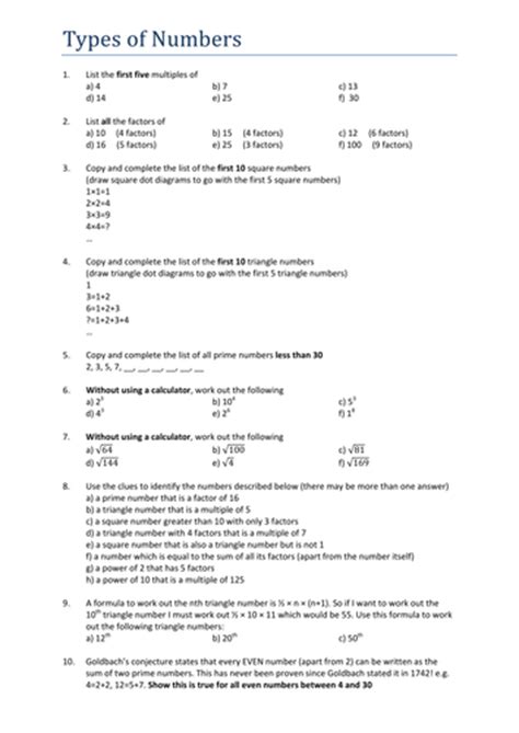 Types Of Numbers Worksheet Grade 7 Pdf