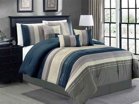 7 Pc Pleated Stripe Dots Lines Comforter Set Gray Navy Blue Silver