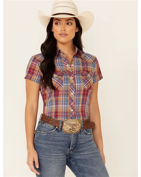 Roper Womens Cranberry Plaid Short Sleeve Snap Western Shirt Sheplers