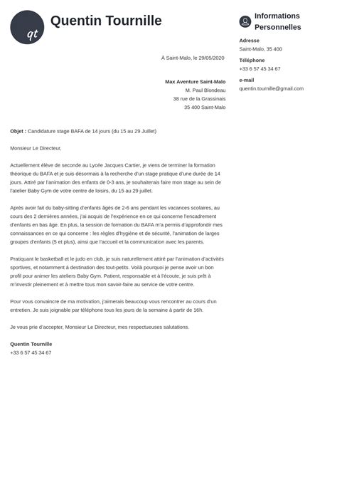 Exemple lettre de motivation stage BAFA pour animateur/trice
