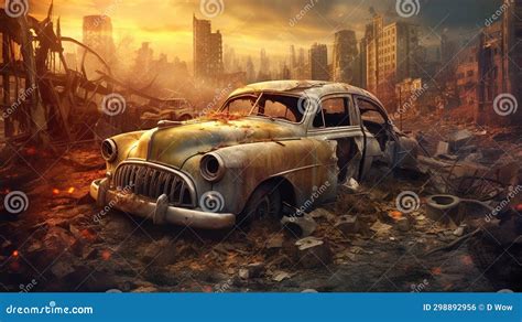 Illustration Destroyed Car Against the of Destroyed Houses. Stock Photo