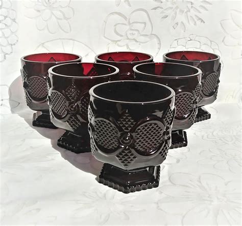 Set Of 6 Avon 1876 Cape Cod Ruby Footed Tumblers Vintage Ruby Red