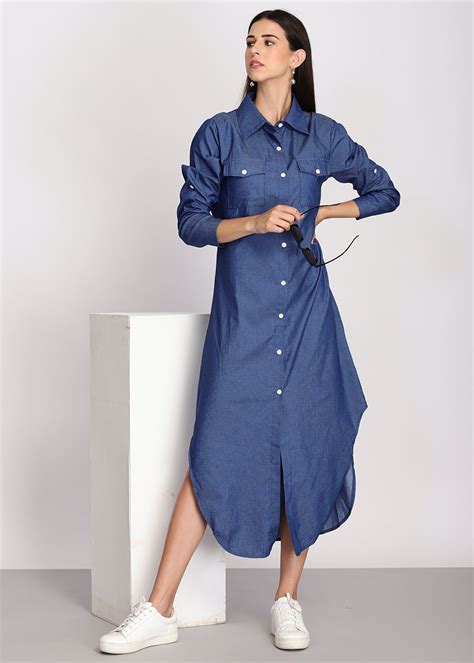 Get Long Denim Blue Shirt Dress At ₹ 1049 Lbb Shop